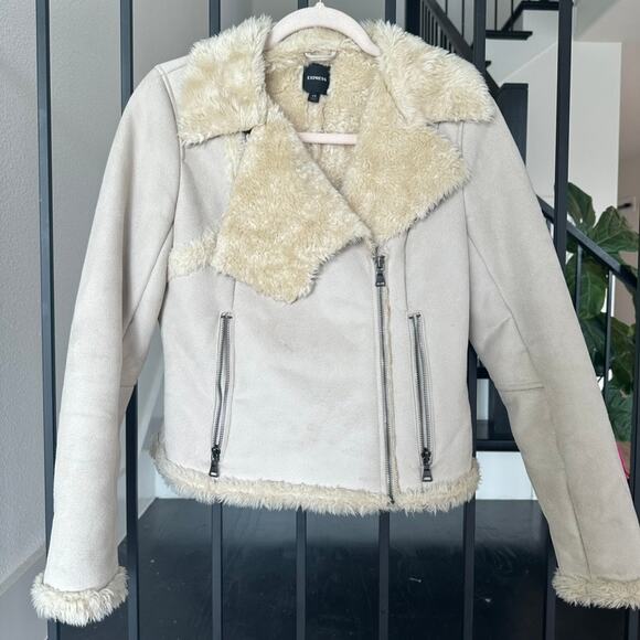 Express Jackets & Blazers - Express-Shearling Moto Jacket-Tan Faux Suede/Fur-XS-Cozy Winter Outerwear